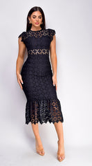 Phoebe Eyelet Lace Ruffle Midi Dress - Black