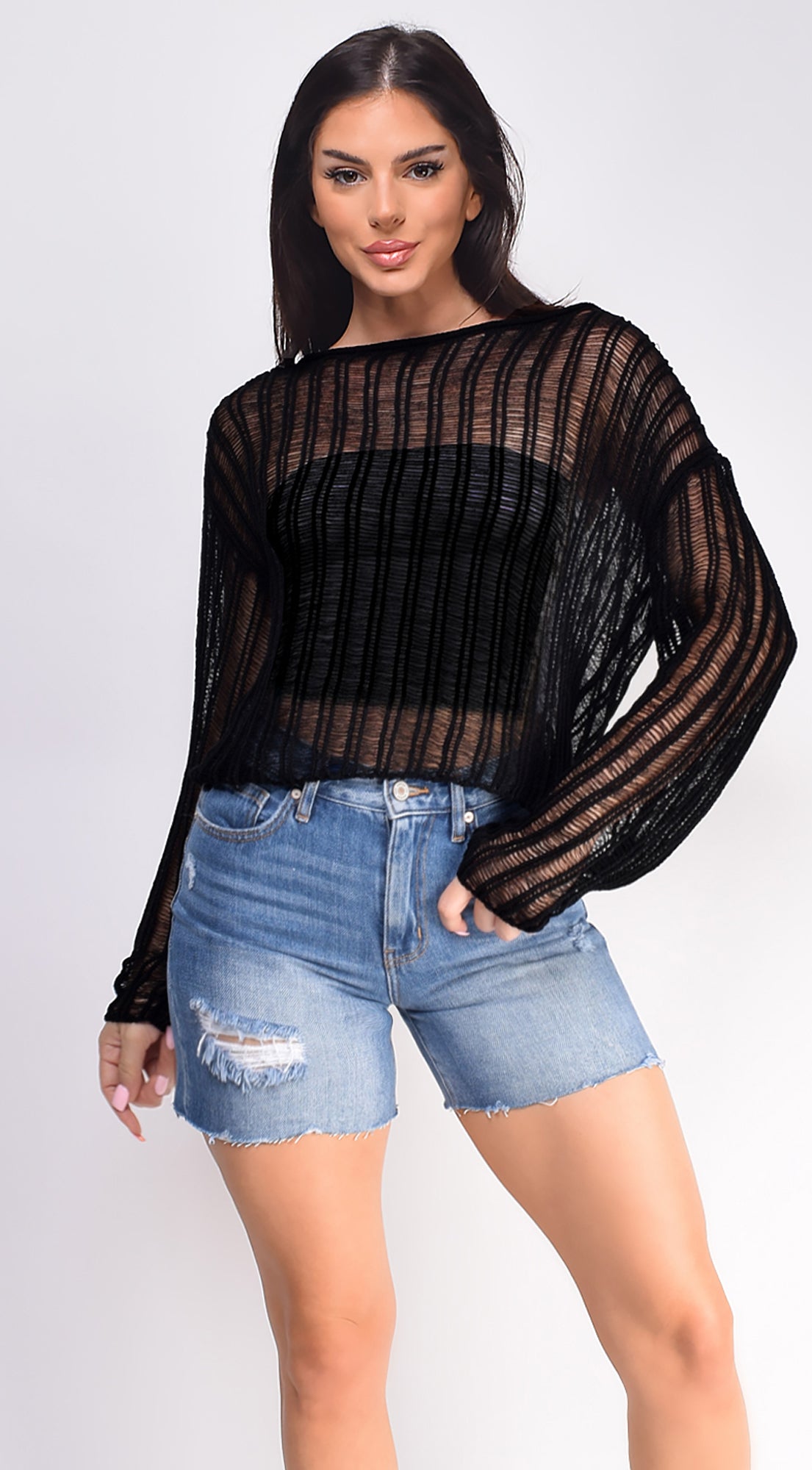 Nadi Sheer Knit Top - Black