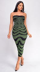 Zemira Green Black Metallic Print Midi Dress