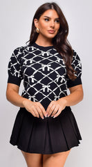 Jovelle Bow Pattern Sweater Top - Black