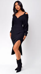 Calvi Off Shoulder Lace Strap Sweater Midi Dress - Black