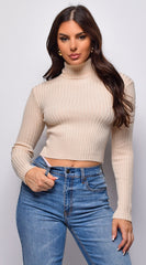 Astraia Basic Turtle Neck Crop Ribbed Sweater Top - Beige