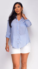 Imena Stripe Button Up Shirt Top - Blue