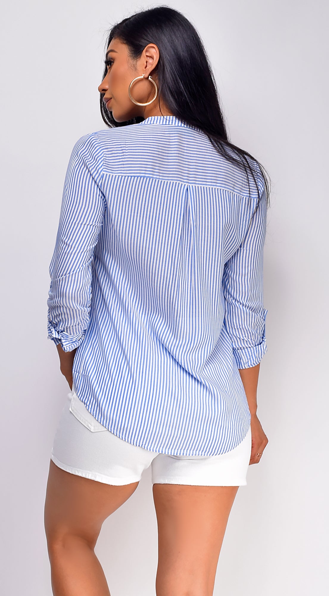 Imena Stripe Button Up Shirt Top - Blue