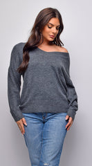 Remy V Neck Drop Shoulder Sweater Top - Gray