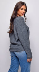 Remy V Neck Drop Shoulder Sweater Top - Gray