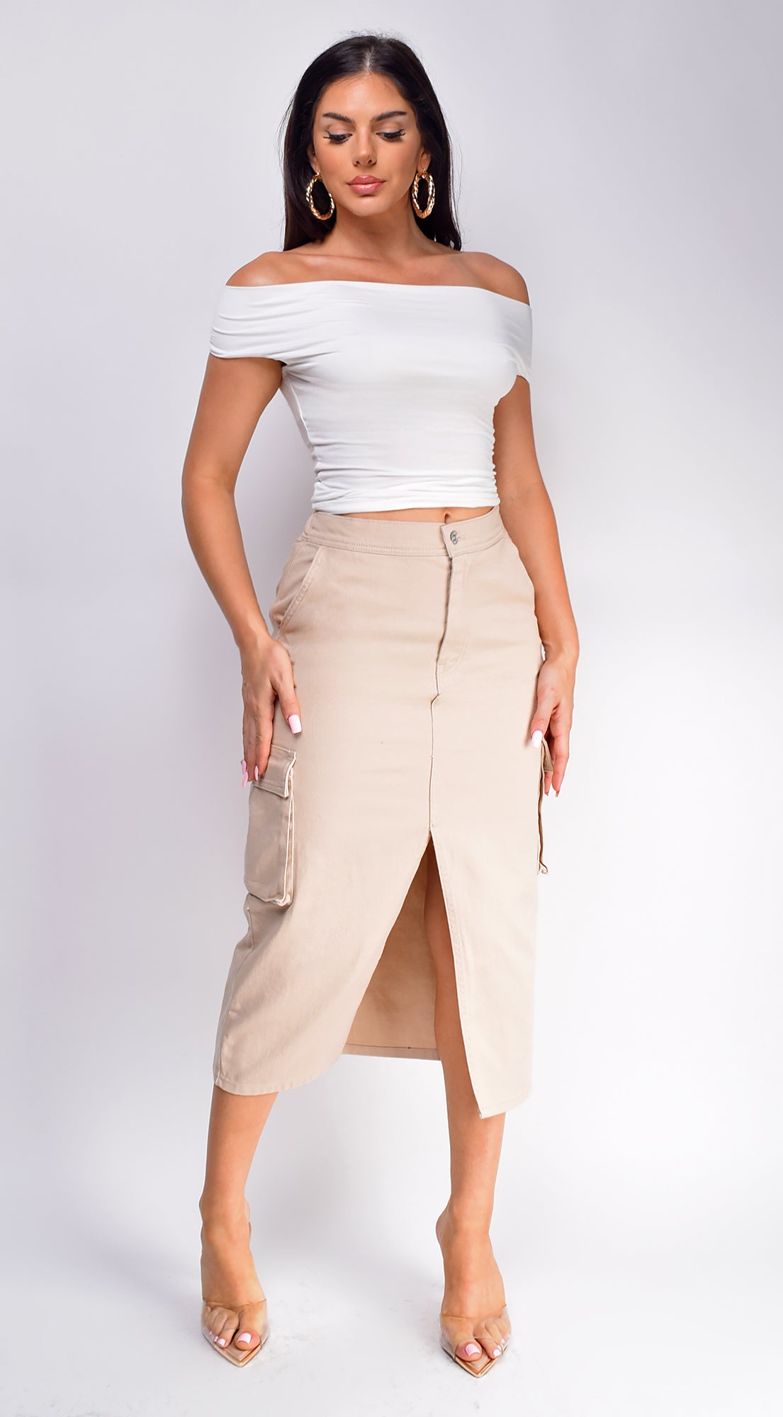 Sydney Denim Cargo Midi Skirt - Beige