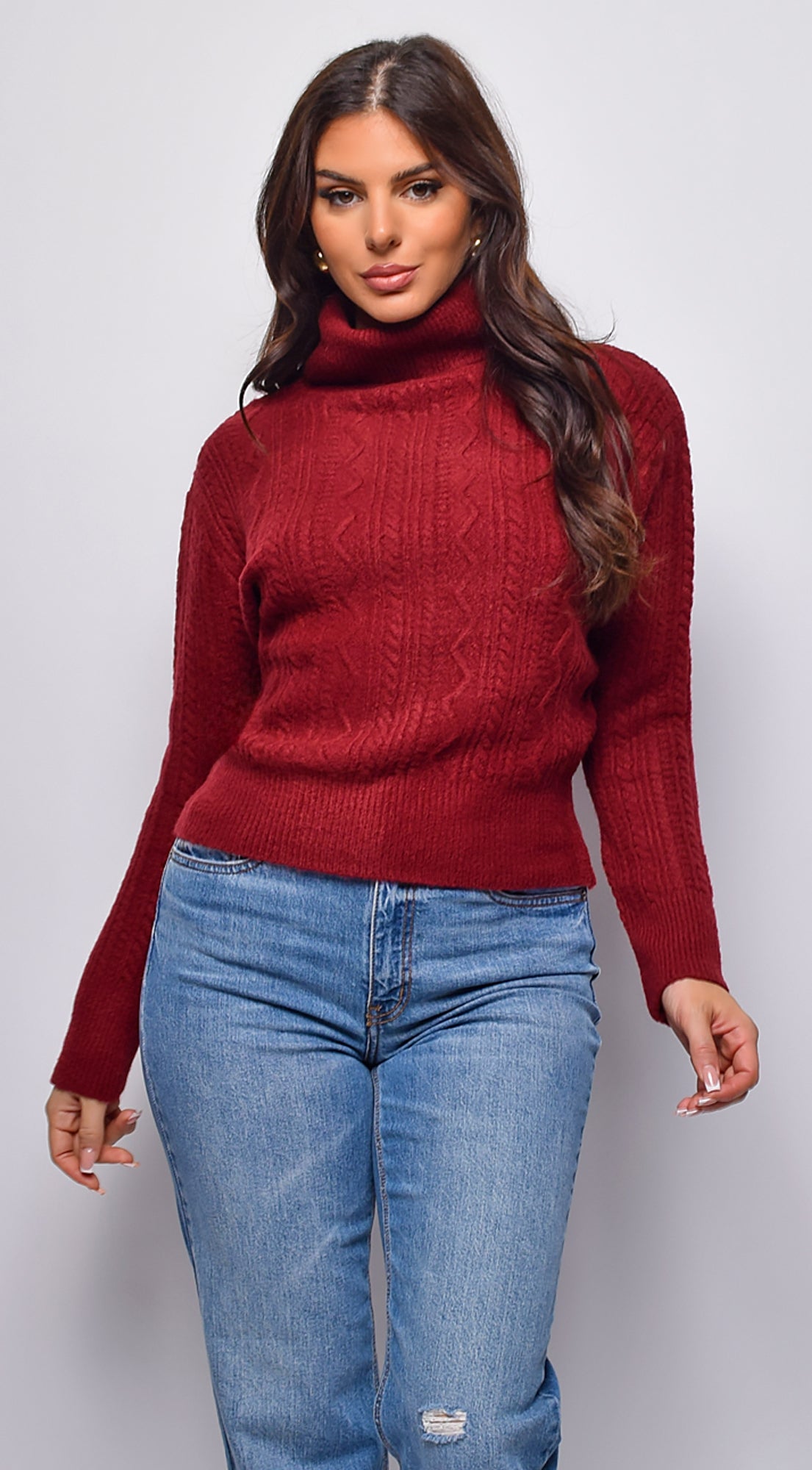 Gisella Cable Knit Turtle Neck Sweater Top - Burgundy