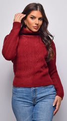 Gisella Cable Knit Turtle Neck Sweater Top - Burgundy