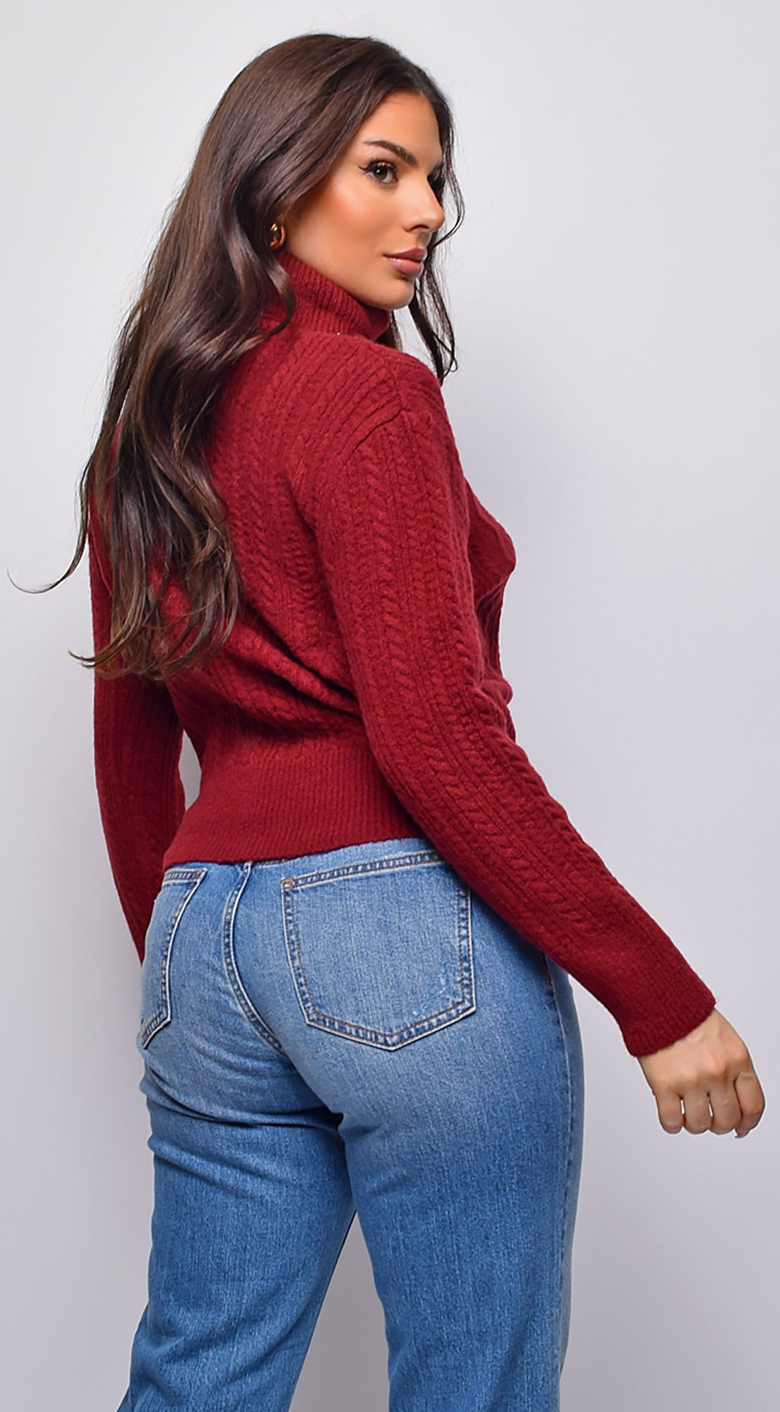 Gisella Cable Knit Turtle Neck Sweater Top - Burgundy