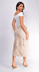 Sydney Denim Cargo Midi Skirt - Beige