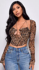 Thalora Leopard Mesh Double Straps Halter Corset Top - Brown