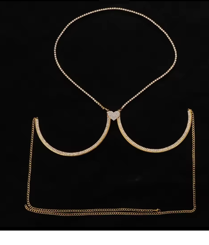 Solara Heart Crystal Bra Chain - Gold