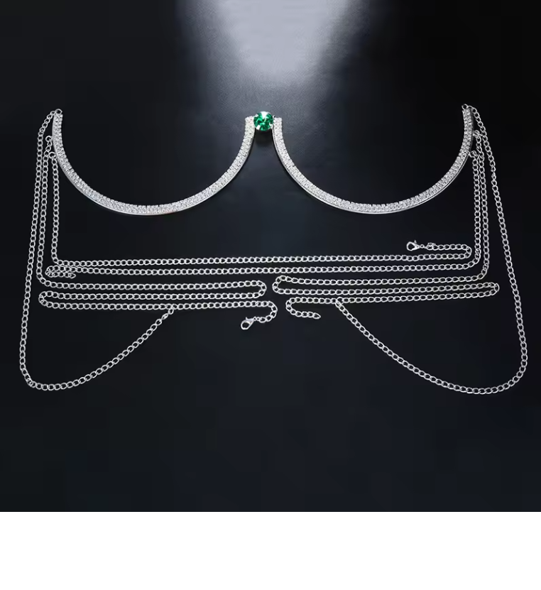 Luminous Green Crystal Bra Chain - Silver