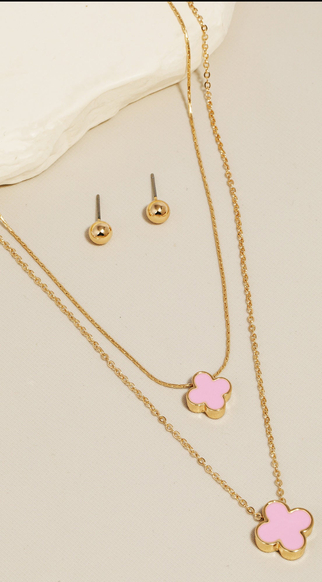 Double Clover Charm Layered Necklace & Earrings Set - Pink