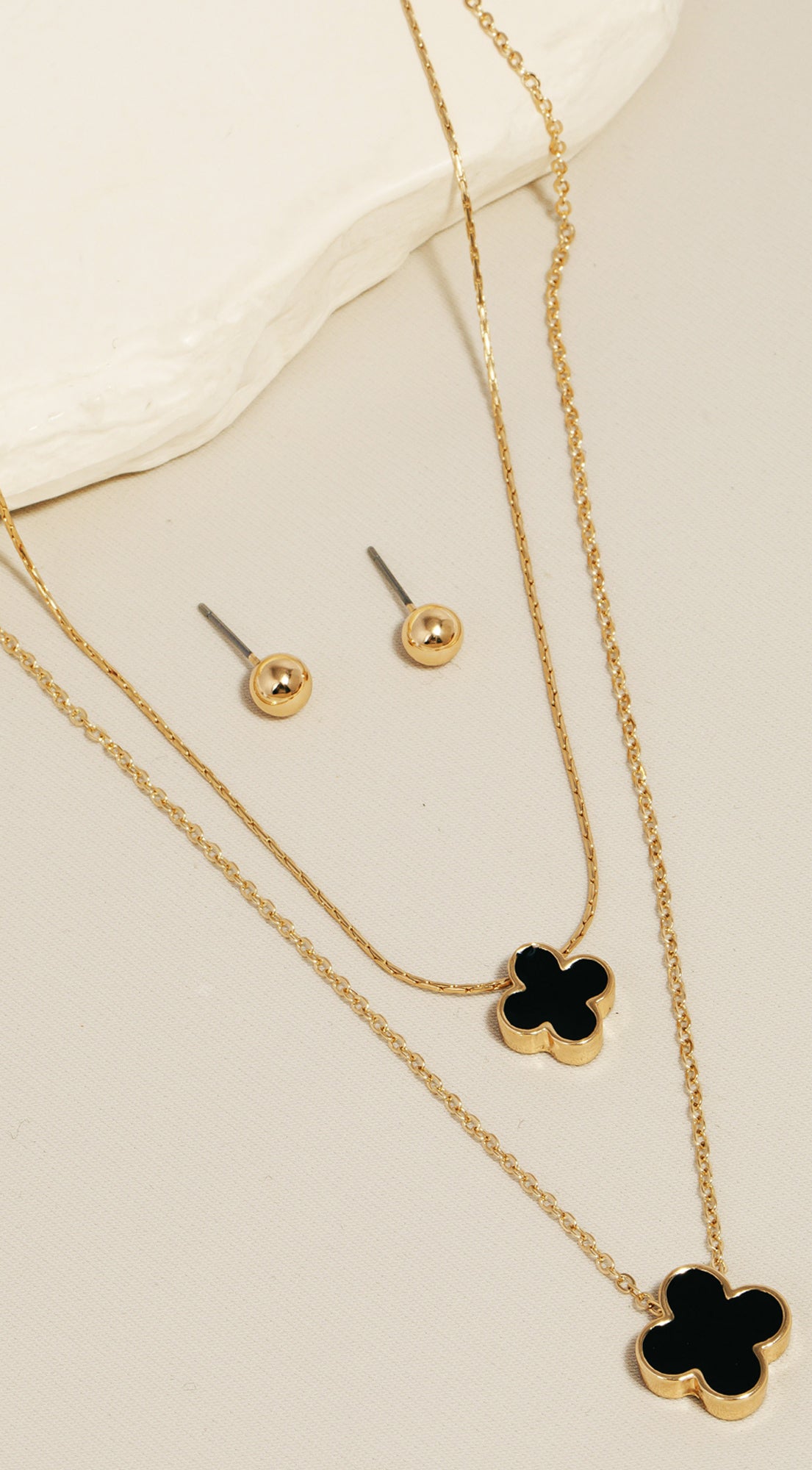 Double Clover Charm Layered Necklace & Earrings Set - Black