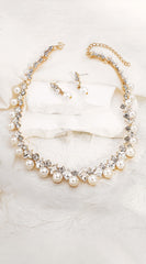 Ethereal Glow Lux Crystal Pearl Necklace Earring Set - Gold