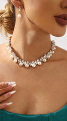 Ethereal Glow Lux Crystal Pearl Necklace Earring Set - Gold