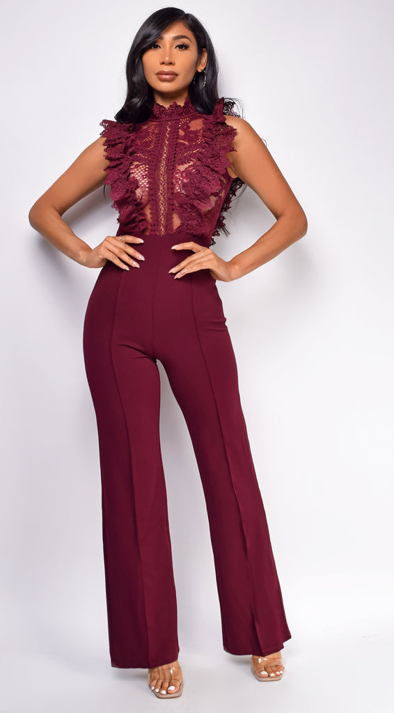 Vanna Wine Red Crochet Flared leg Jumpsuit – Emprada