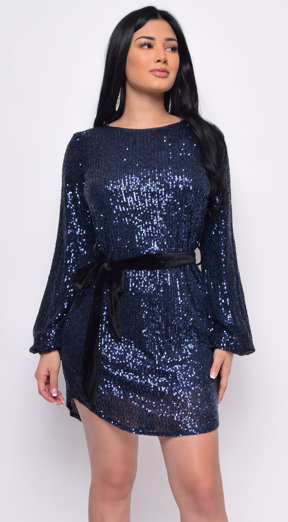 Crystal Navy Blue Sequin Velour Belt Long Sleeve Dress – Emprada