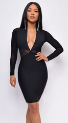 Heartbreak City Black Plunge V Neck Mesh Bandage Dress