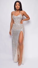 Azara Nude Silver Open Cross Back Sequin Gown