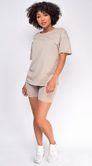 Oversized Sand Beige T-Shirt And Biker Short Two Piece Set