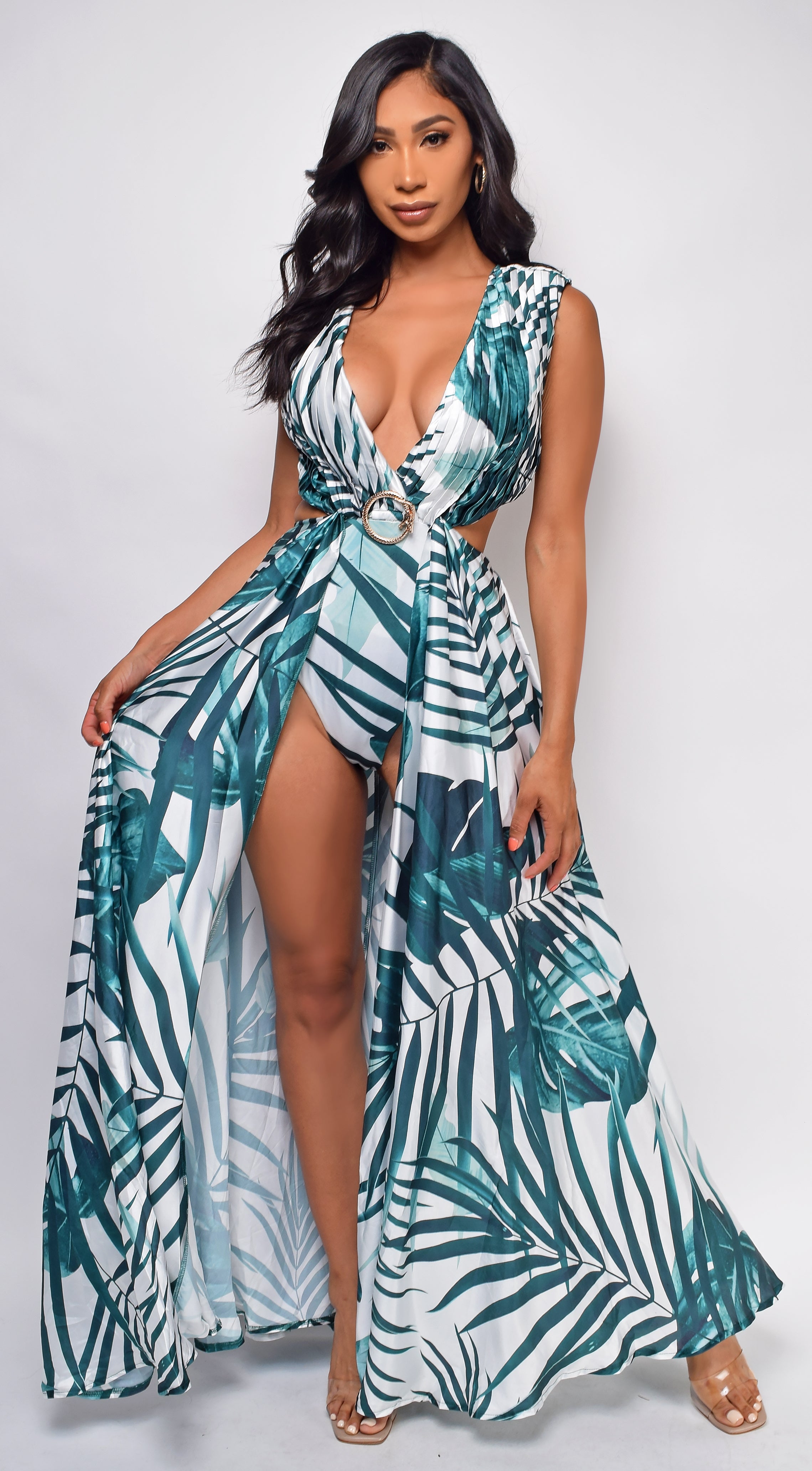 Maya White Green Tropical Maxi Dress