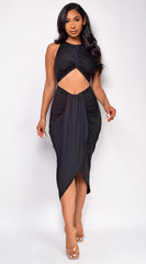 Gaia Black Front Knotted Cut Out Midi Dress