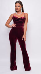 Lakisha Burgundy Red Crystal Detail Velvet Jumpsuit