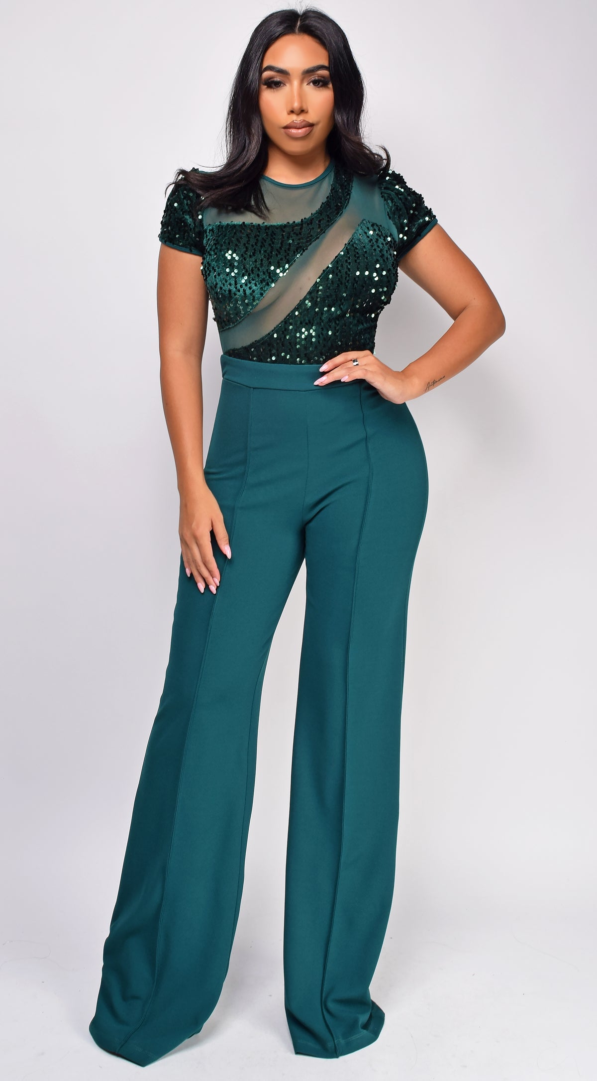 Jaqueta Hunter Green Sequin Mesh Short Sleeve Jumpsuit