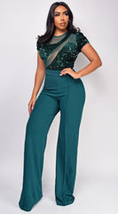 Jaqueta Hunter Green Sequin Mesh Short Sleeve Jumpsuit