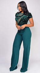 Jaqueta Hunter Green Sequin Mesh Short Sleeve Jumpsuit