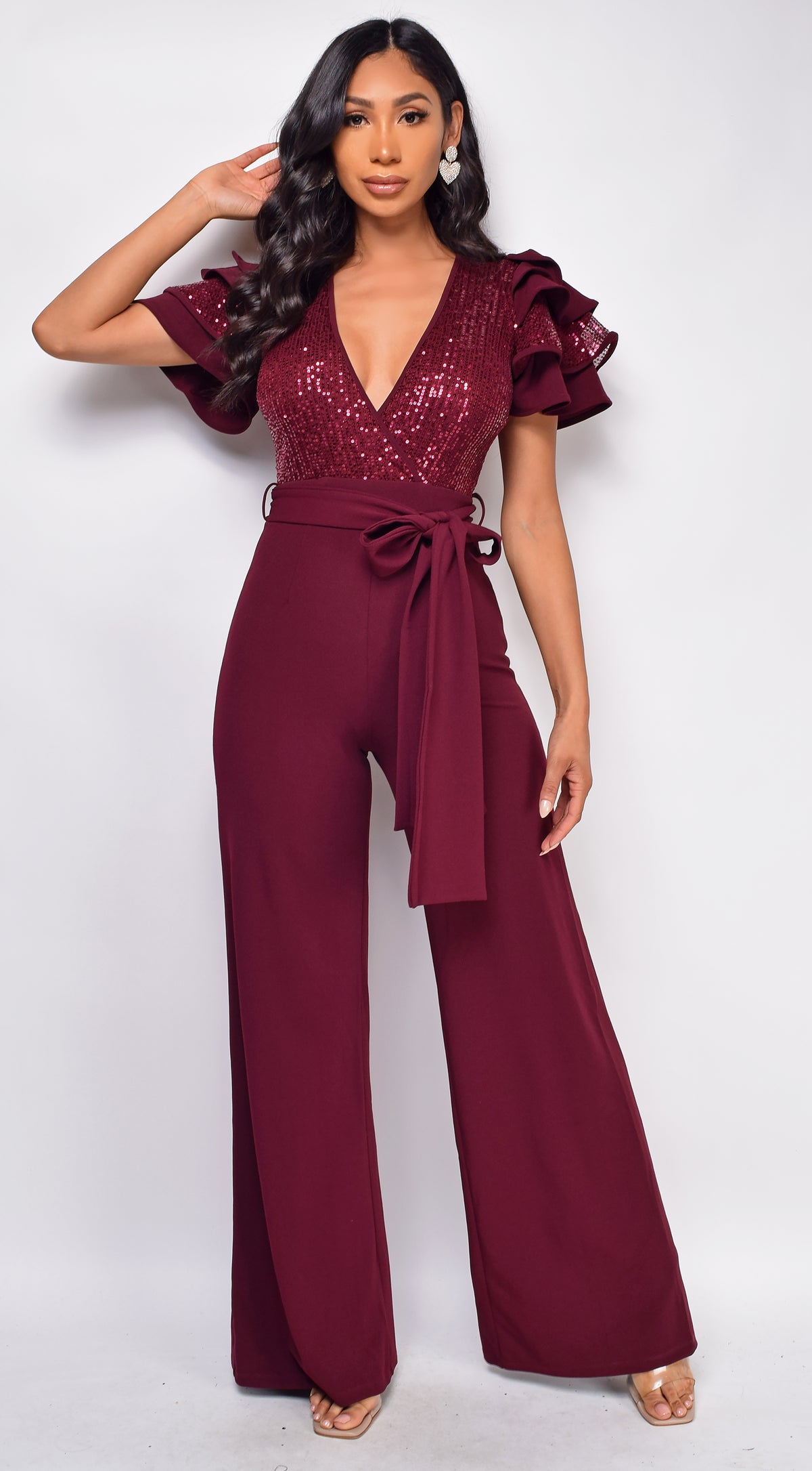 Laila Burgundy Red Sequin Jumpsuit